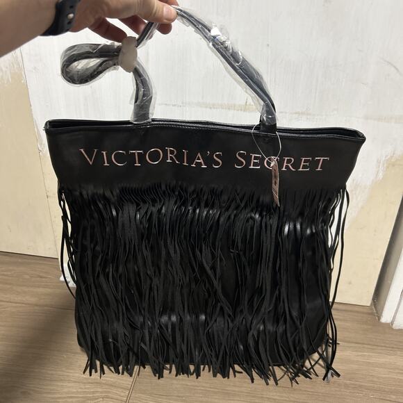 Victoria's Secret NEW Tote Bag Purse Black Fringe Large Shopper Handles NWT - Picture 1 of 8